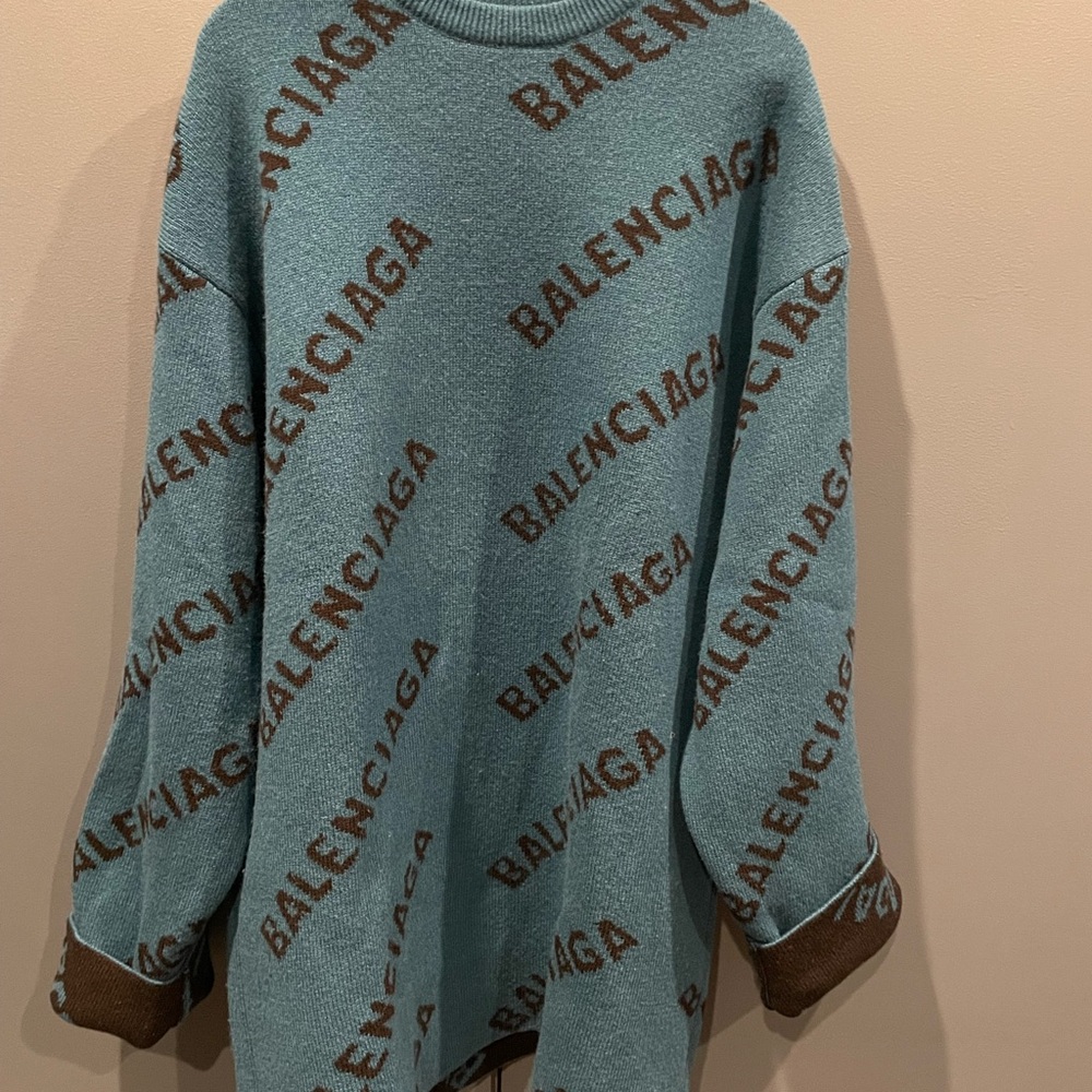 Balenciaga Blue Crew Neck Sweater with Text Pattern